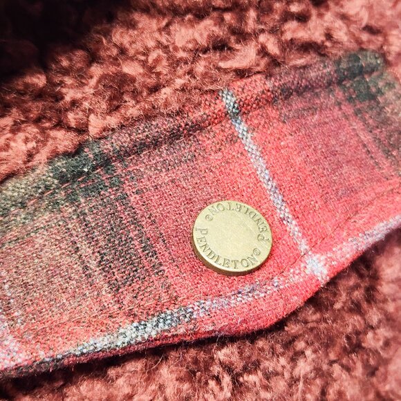 Pendleton Hi-Pile Fuzzy Sherpa Full Zip Fleece Jacket Maroon Plaid Trim Womens L - Picture 4 of 14